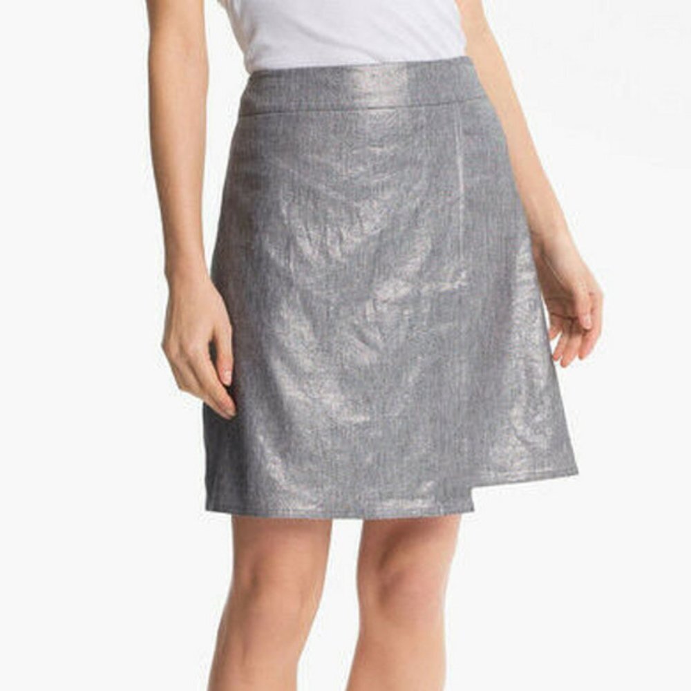 NWT Eileen Fisher Glimmer Linen Silver Faux Wrap Skirt